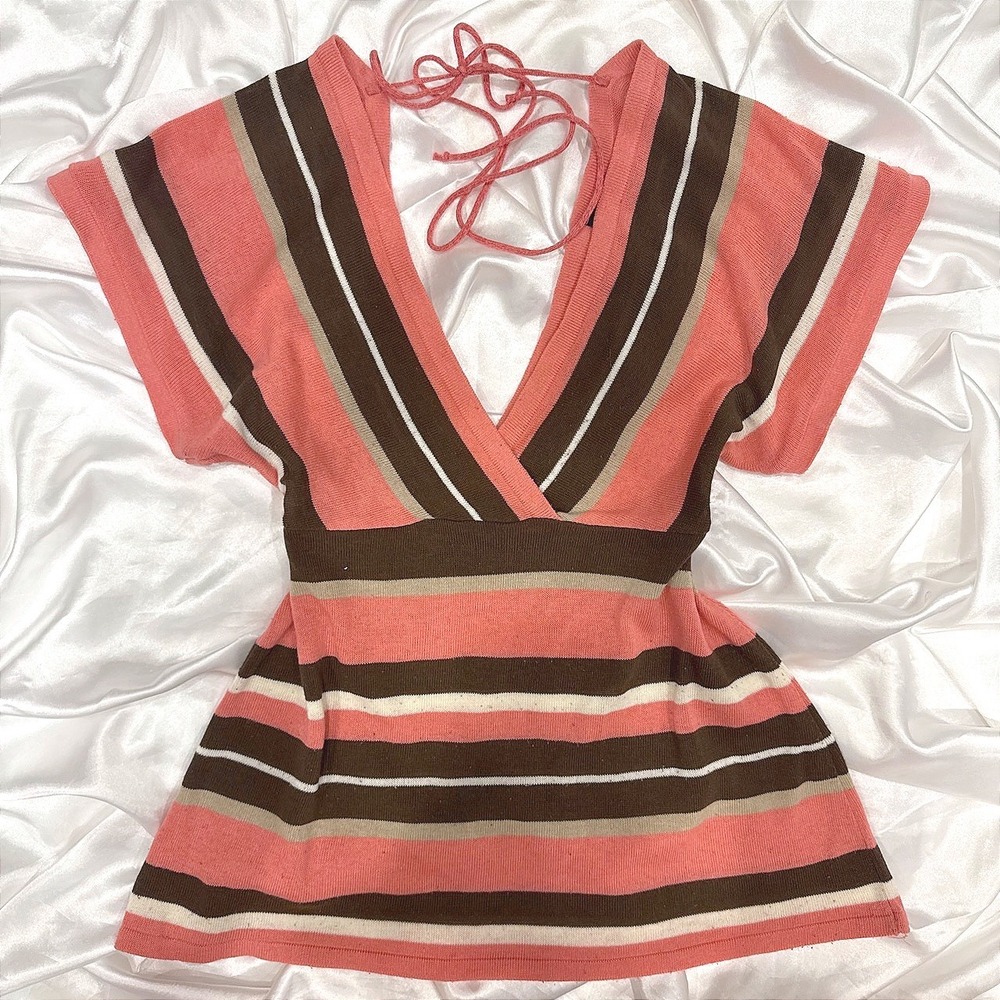 Heart Soul Striped V-Neck Knit Top Coral Brown Y2K Empire Waist Small